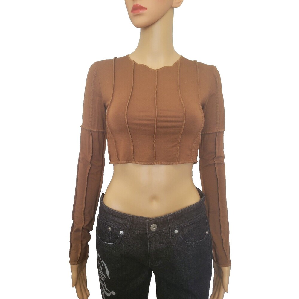 Edikted Brown Long Sleeve Seamed Crop Top Small